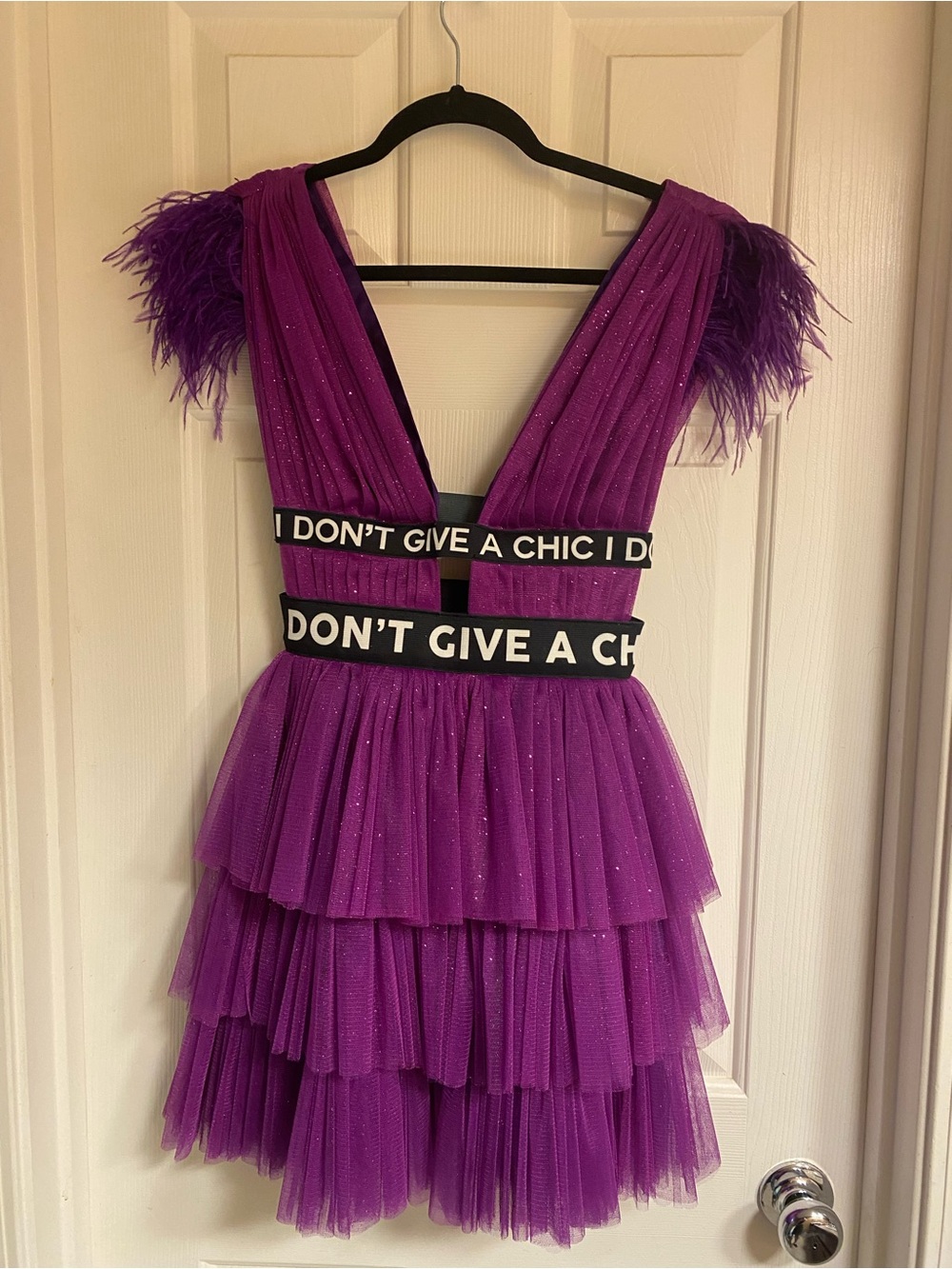 Purple Tiered Tulle Mini Dress with Slogan Waistband